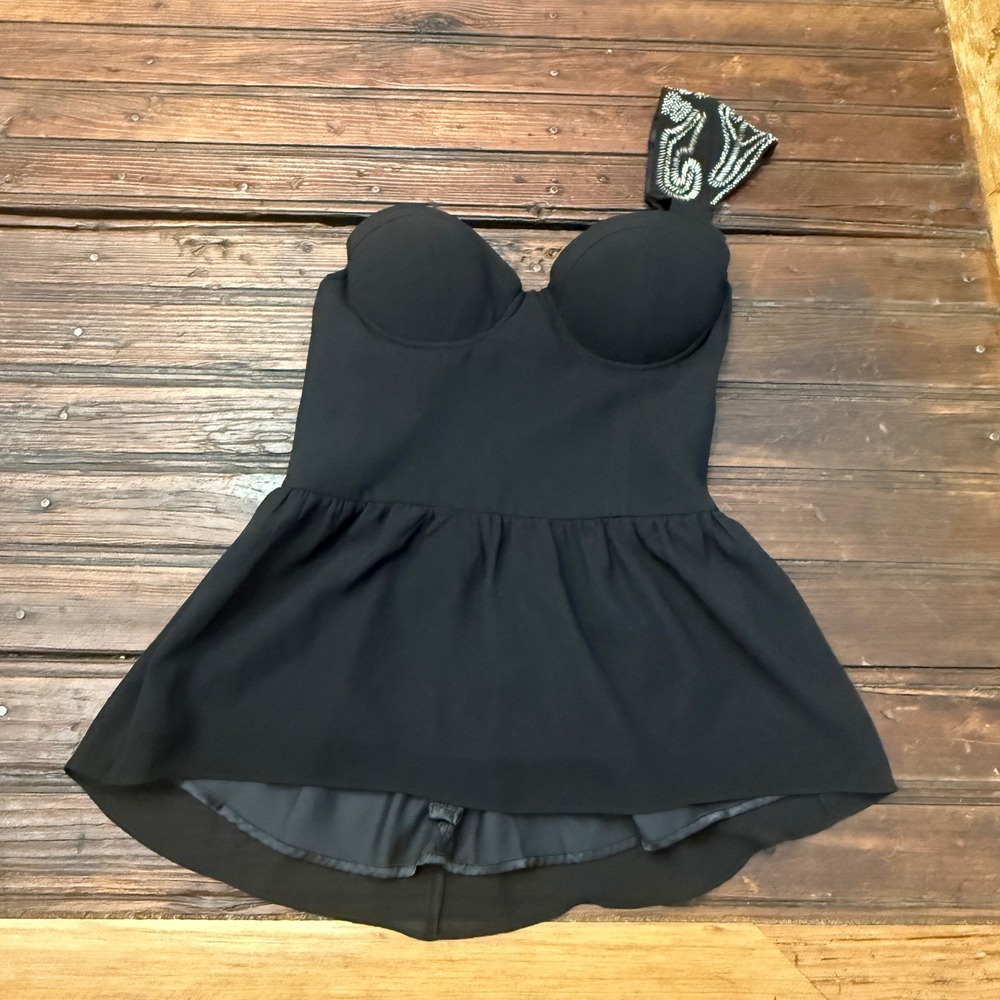 GUESS Jet Black One Shoulder Beaded Peplum Bustier Top XS Glamour Events